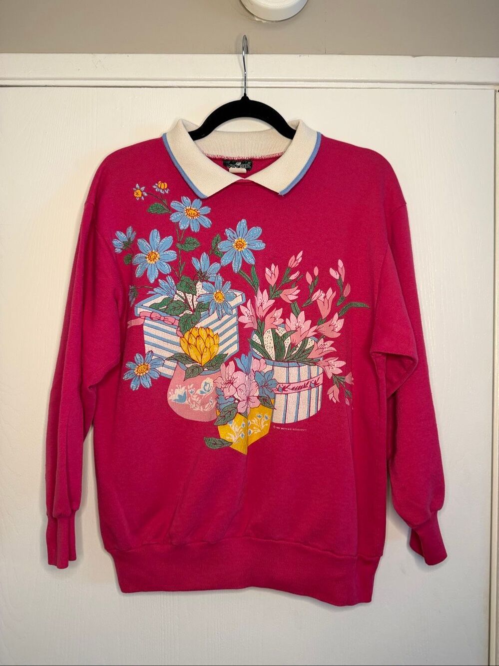 Vintage 90s Cabin Creek Collared Sweatshirt Pink Floral Graphic Pullover Small